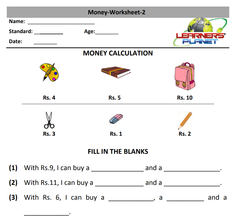 CBSE class 2 maths practice worksheets on money